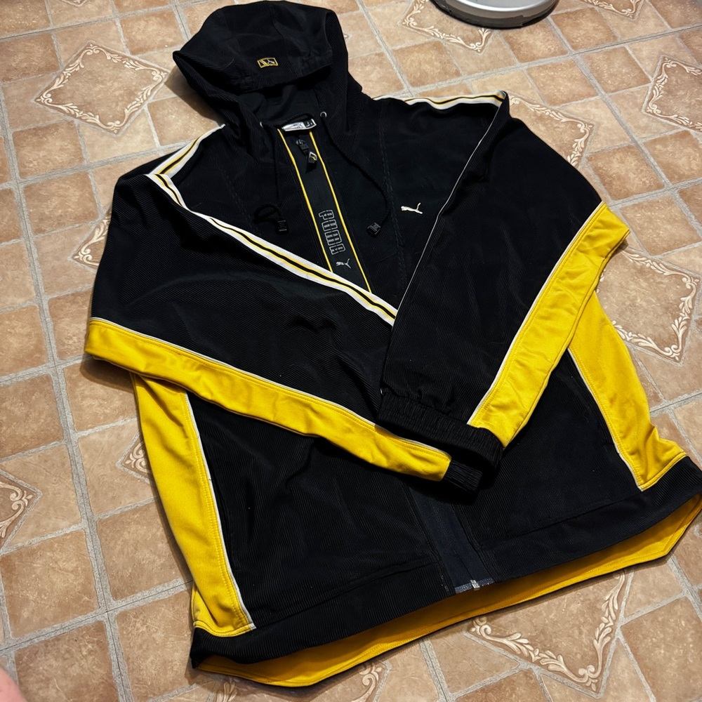 Vintage 90s Puma Corduroy Track Jacket - Black/Yellow - Large.